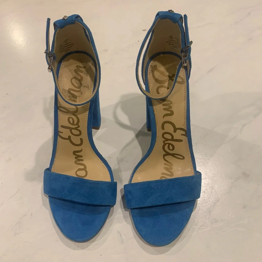 Sam Edelman Yaro Suede Block Heels Bright Blue Ankle Strap - Picture 2 of 5